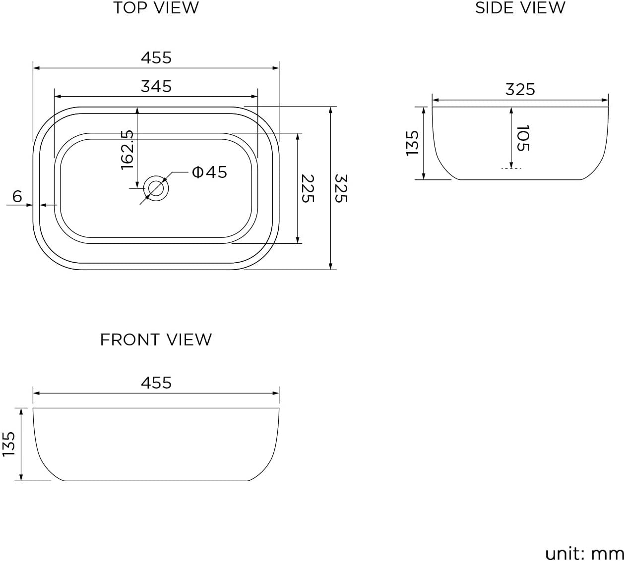 Bonn Curved Countertop Bowl Basin White 465x320x135mm