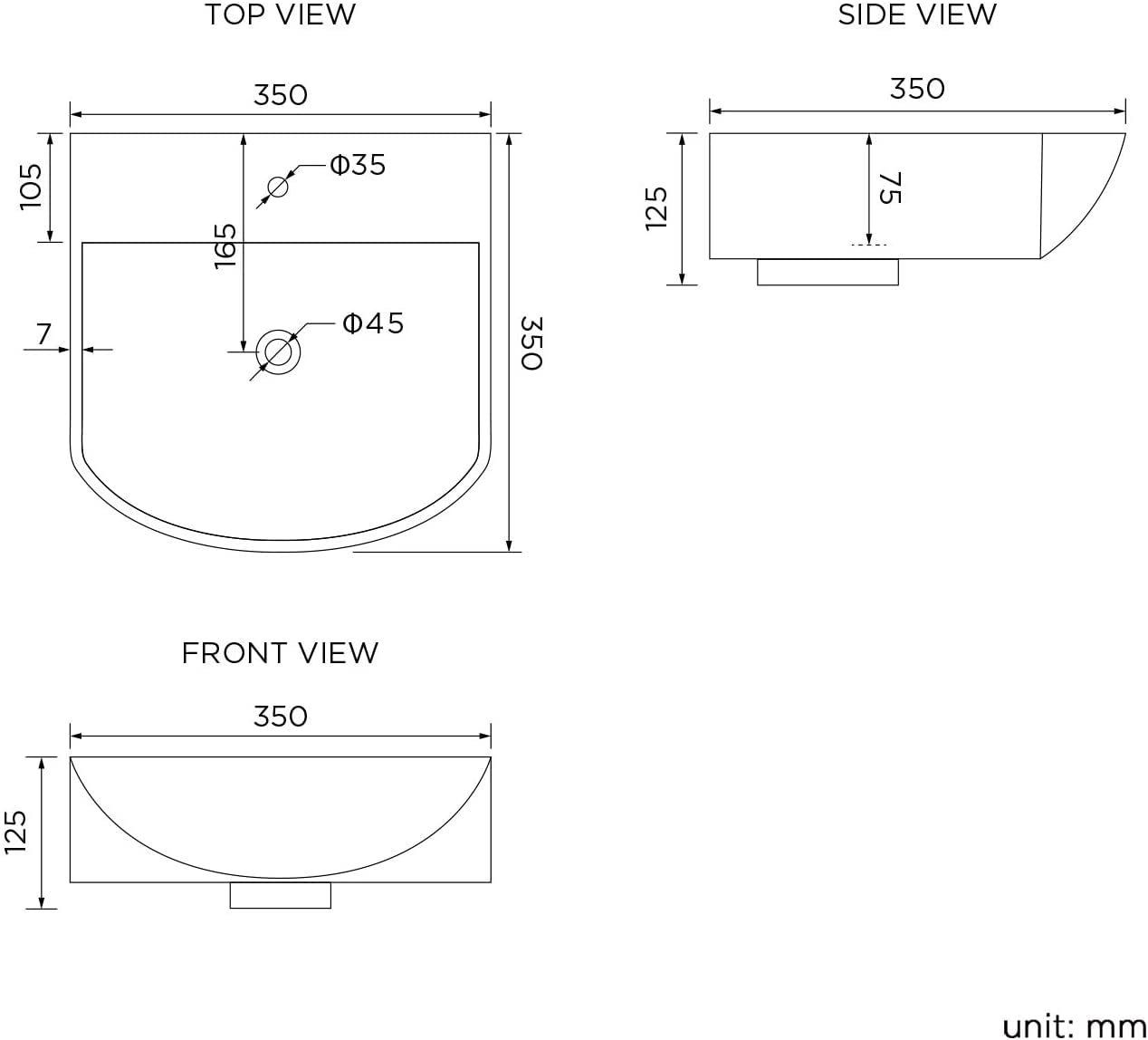 Pilsen Wall Hung Curved Counter Top Ceramic Wash Basin White 350x350x120mm