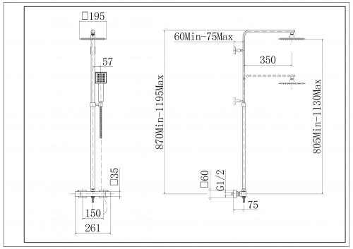 Cosmo Thermostatic Square Exposed Telescopic Twin Shower with thin SS Head - Chrome