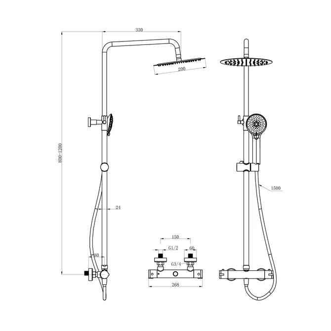 Supreme Thermostatic Bar Valve & Riser Kit with Triple Round Shower Head & Bath Spout- Chrome