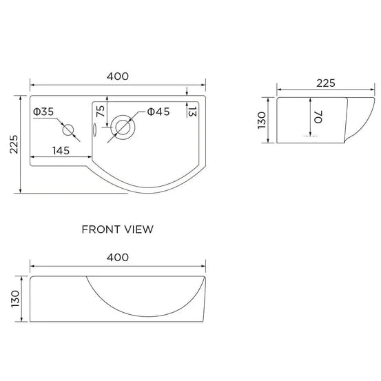 Charm Ceramic Small Cloakroom Basin White Wall Hung - Left Hand 395x280x140mm