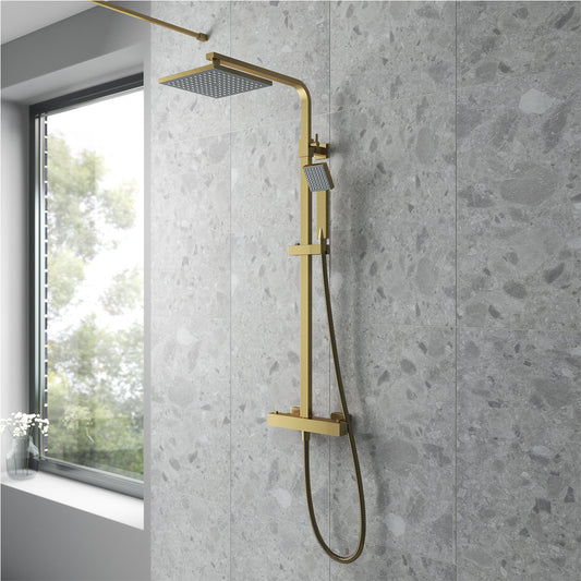 Cosmo Thermostatic Bar Valve & Riser Kit with Twin Square Shower Head - Brushed Brass