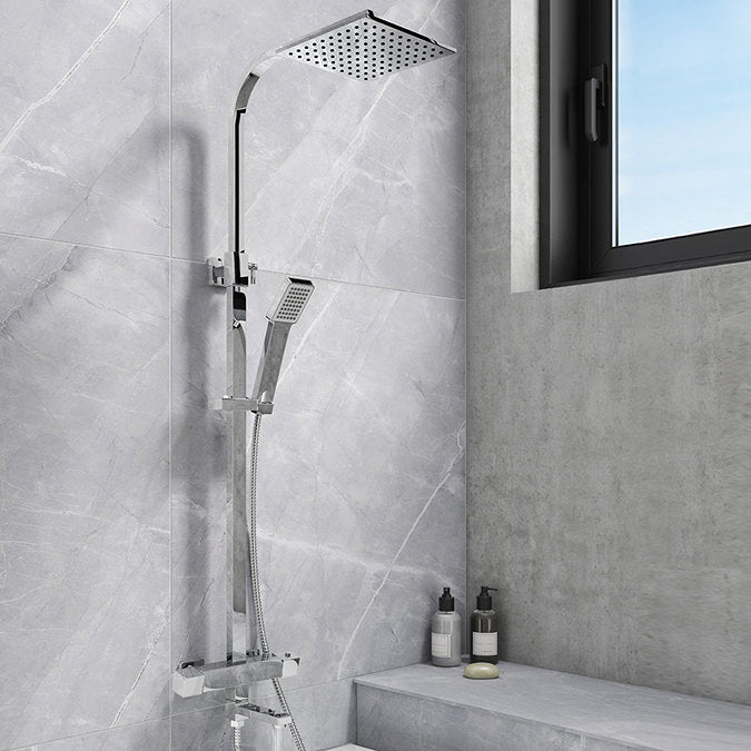 Cosmo Thermostatic Bar Valve & Riser Kit with Triple Square Shower Head & Bath Spout - Chrome