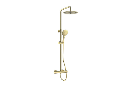 Supreme Thermostatic Bar Valve & Riser Kit with Twin Round Shower Head - Brushed Brass