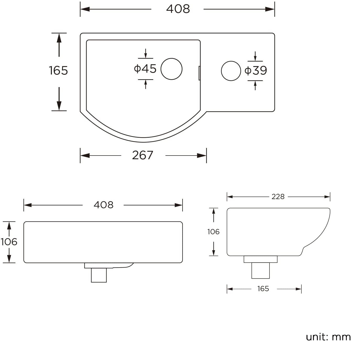 Charm Ceramic Small Cloakroom Basin White Wall Hung - Right Hand 395x280x140mm