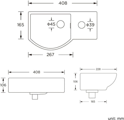 Charm Ceramic Small Cloakroom Basin White Wall Hung - Right Hand 395x280x140mm