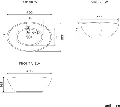 Vienna Oval Countertop Round Bowl Basin White 410x335x140mm