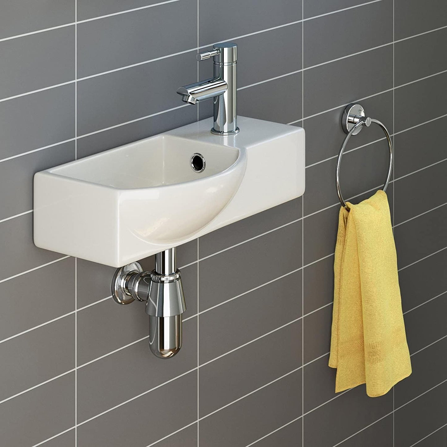 Charm Ceramic Small Cloakroom Basin White Wall Hung - Right Hand 395x280x140mm