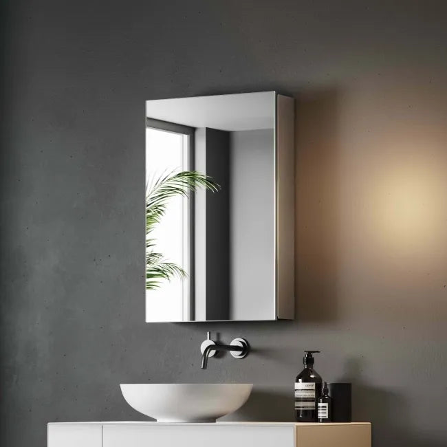 Delphi 600 x 400mm Stainless Steel Bathroom Mirror Cabinet Single Door