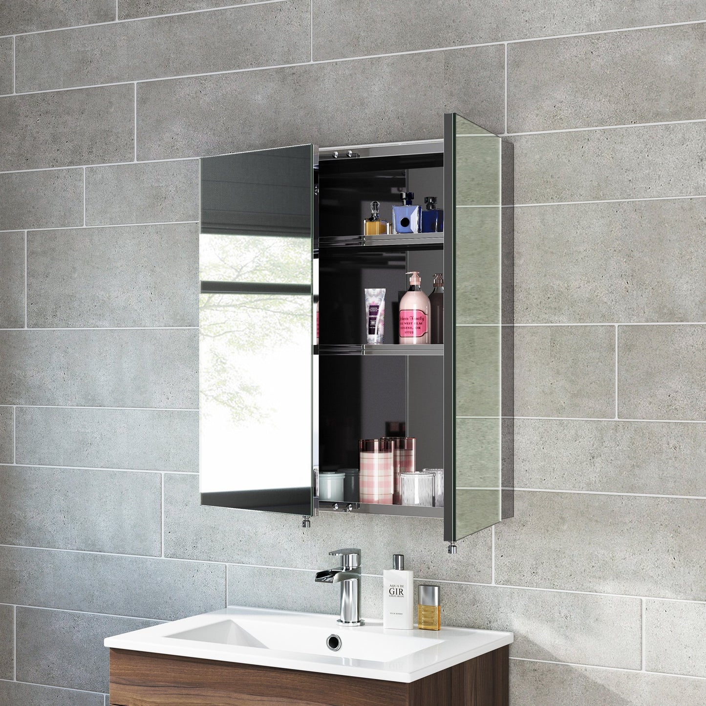 Delphi 670 x 600mm Stainless Steel Bathroom Mirror Cabinet Double Door