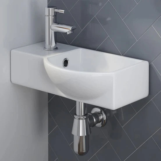 Charm Ceramic Small Cloakroom Basin White Wall Hung - Left Hand 395x280x140mm