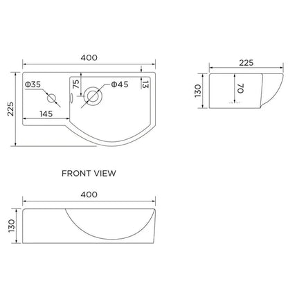 Charm Ceramic Small Cloakroom Basin White Wall Hung - Left Hand 395x280x140mm