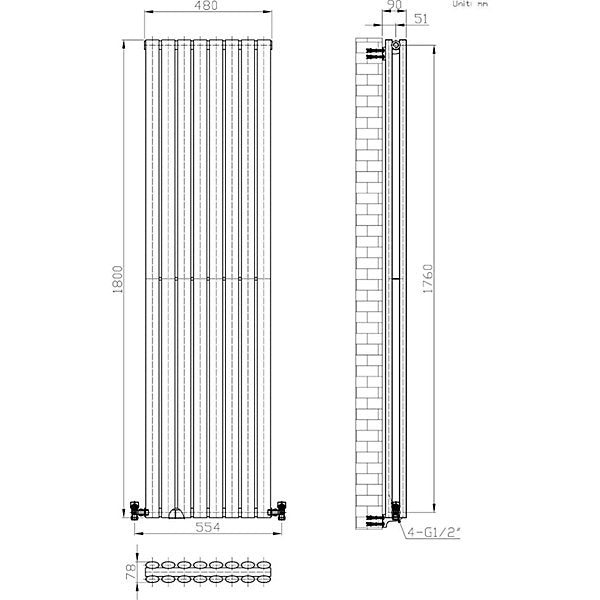 Princia Vertical Double Oval Panel Radiator 1600 x 480mm - 2 Colours