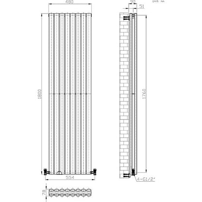 Princia Vertical Double Oval Panel Radiator 1600 x 480mm - 2 Colours