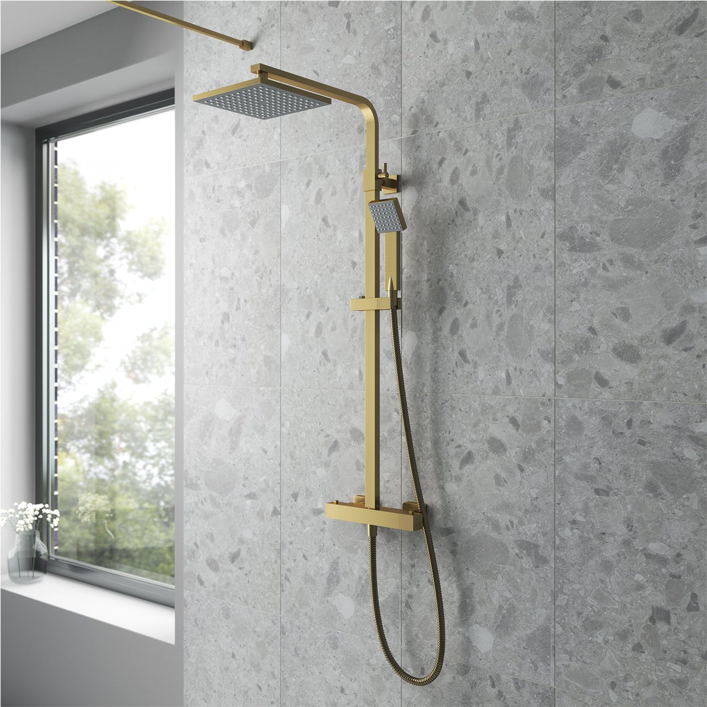 Cosmo Thermostatic Bar Valve & Riser Kit with Twin Square Shower Head - Brushed Brass