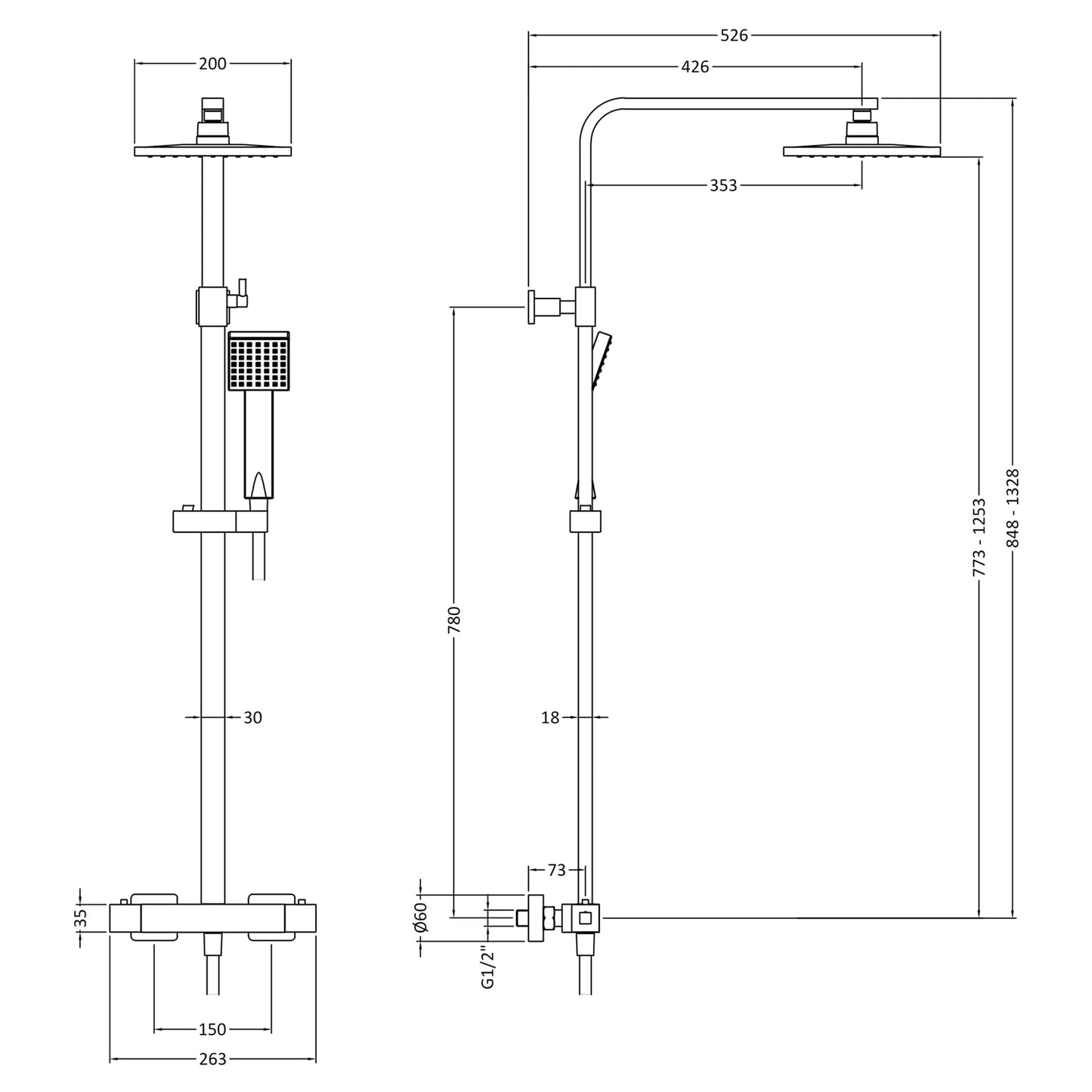 Cosmo Thermostatic Bar Valve & Riser Kit with Twin Square Shower Head - Brushed Brass