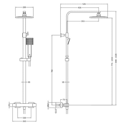 Cosmo Thermostatic Bar Valve & Riser Kit with Twin Square Shower Head - Brushed Brass