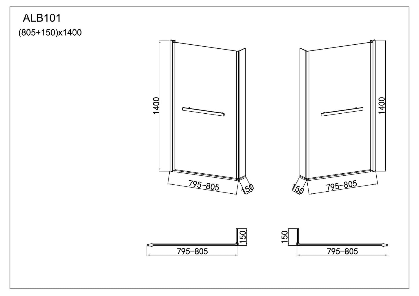 Purina L Shape Bath Screen 805 x 1400mm with Towel Rail - Chrome