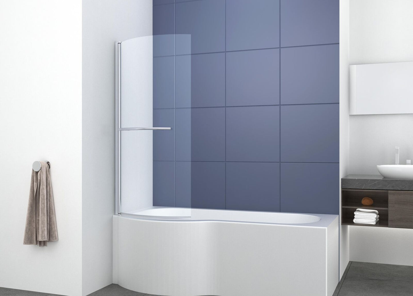 Streak Curved Bath Screen with Towel Rail - 1435 x 720mm - Chrome