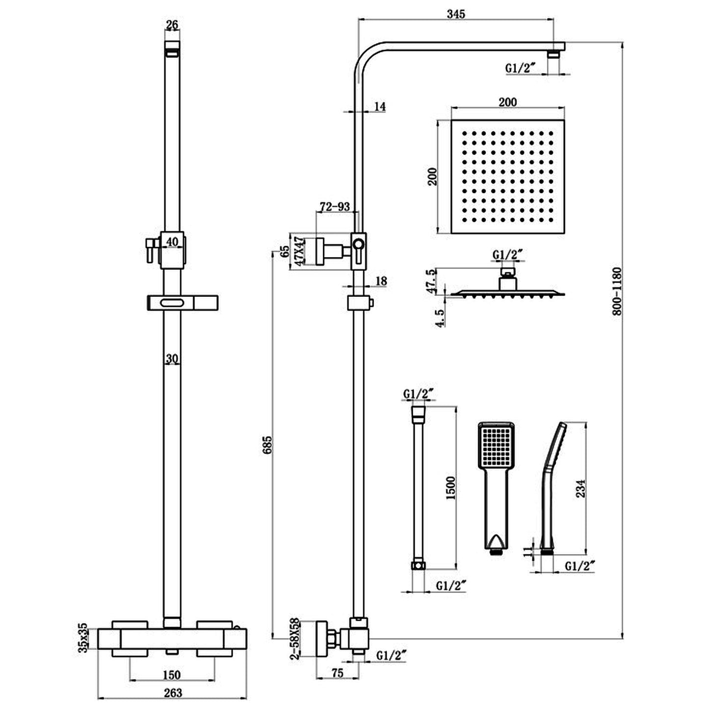 Cosmo Thermostatic Bar Valve & Riser Kit with Triple Square Shower Head & Bath Spout - Matt Black