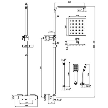 Cosmo Thermostatic Bar Valve & Riser Kit with Triple Square Shower Head & Bath Spout - Matt Black