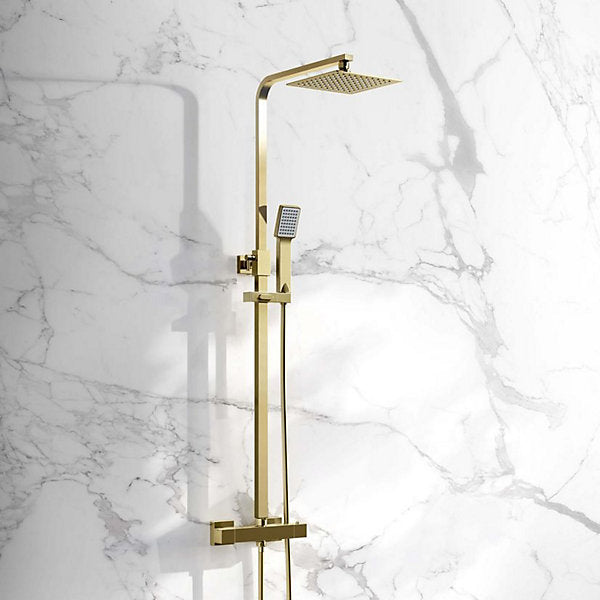 Cosmo Thermostatic Bar Valve & Riser Kit with Twin Square Shower Head - Brushed Brass