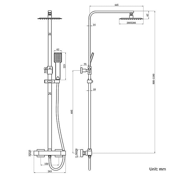Cosmo Thermostatic Bar Valve & Riser Kit with Twin Square Shower Head - Brushed Brass