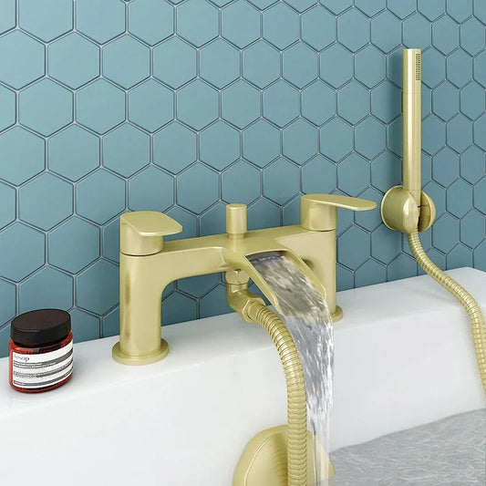 Kelvin Square Waterfall Bath Shower Mixer Tap with Kit - Brushed Brass